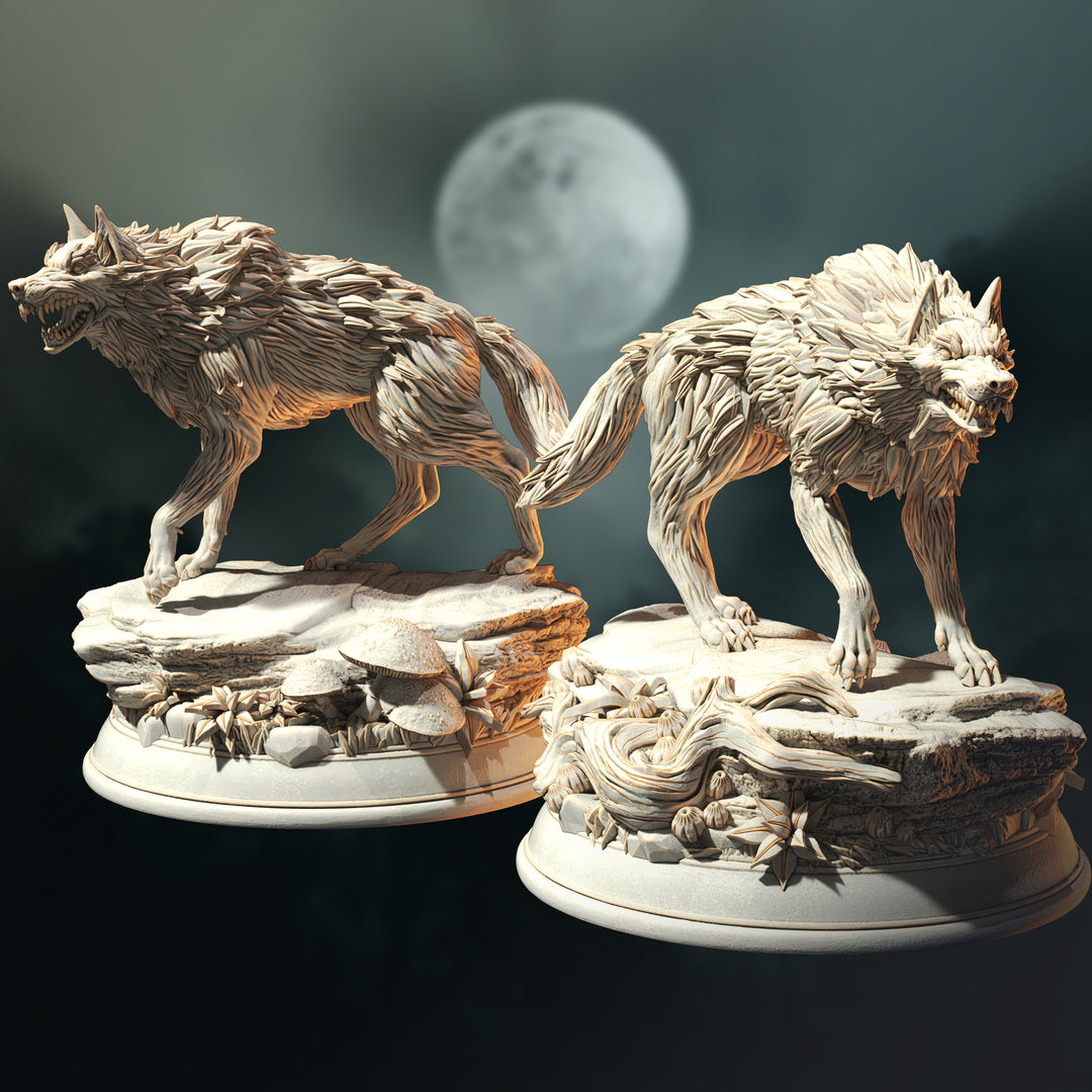 Pack of Northern Direwolves unpainted resin fantasy miniature by DM Stash, 28-32mm DnD tabletop model.