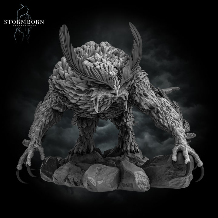 Titancrest Owlbear unpainted resin fantasy miniature by Stormborn Collectibles, 28-32mm DnD tabletop model.