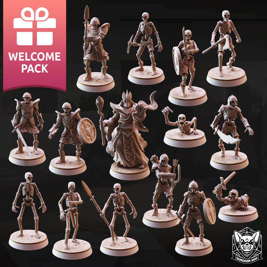 Skeleton Pack unpainted resin undead miniature by Dungeon Dog, 28-32mm DnD tabletop model.
