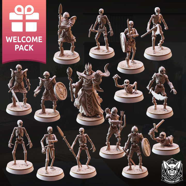Skeleton Pack unpainted resin undead miniature by Dungeon Dog, 28-32mm DnD tabletop model.