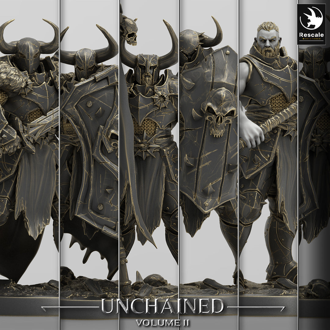 Unchained Warriors unpainted resin warrior miniature by Rescale Miniatures, 28-32mm DnD tabletop model.