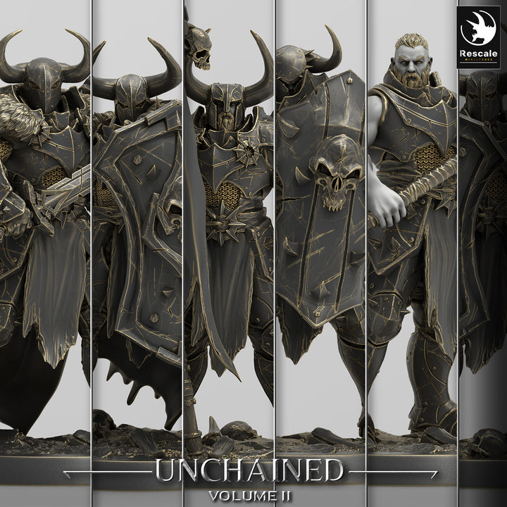 Unchained Warriors unpainted resin warrior miniature by Rescale Miniatures, 28-32mm DnD tabletop model.