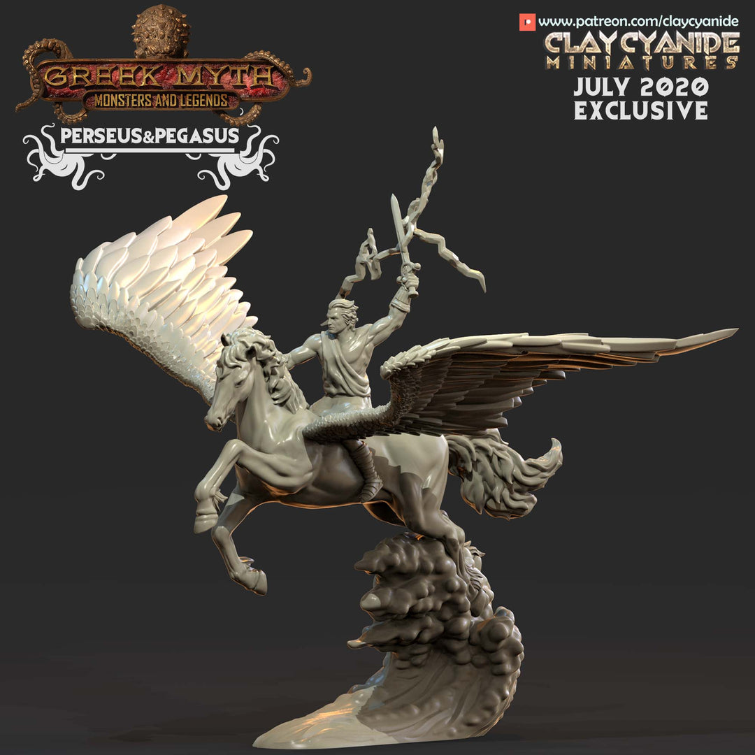 Perseus and Pegasus unpainted resin character miniature by Clay Cyanide, 28-32mm DnD tabletop model.