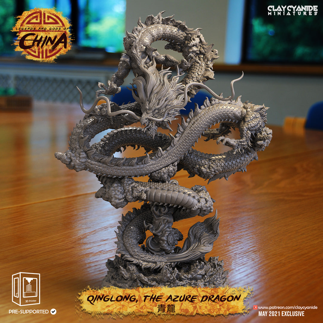 Quinlong, the Azure Dragon unpainted resin dragon miniature by Clay Cyanide, 28-32mm DnD tabletop model.