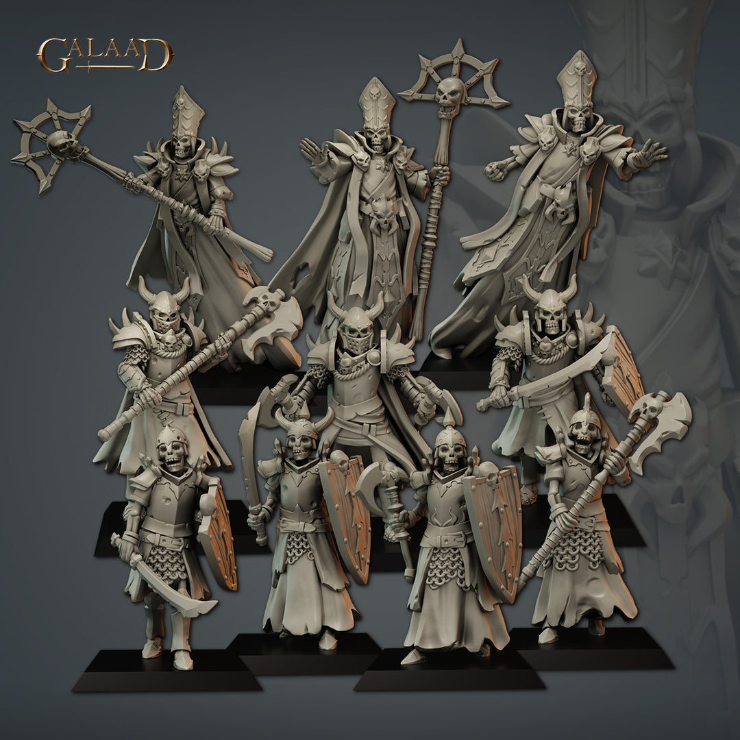 Skeletal Warriors Bundle unpainted resin undead miniature by Galaad Miniatures, 28-32mm DnD tabletop model.