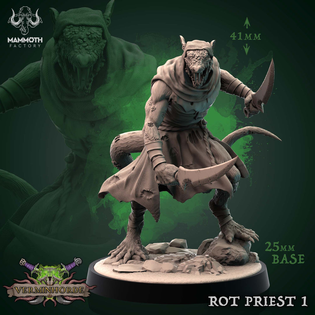 Verminhorde Rot Priests unpainted resin ratfolk miniature by Mammoth Factory, 28-32mm DnD tabletop model.