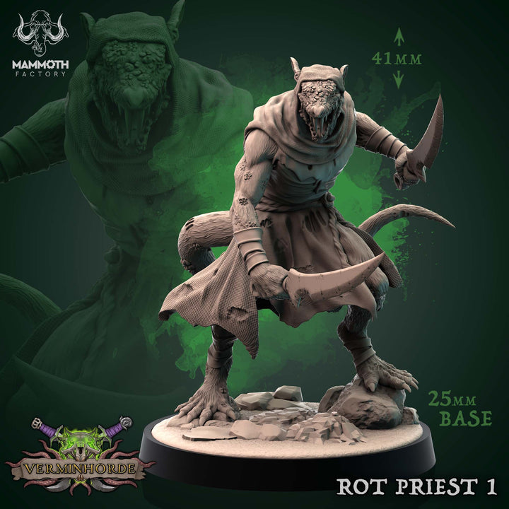 Verminhorde Rot Priests unpainted resin ratfolk miniature by Mammoth Factory, 28-32mm DnD tabletop model.