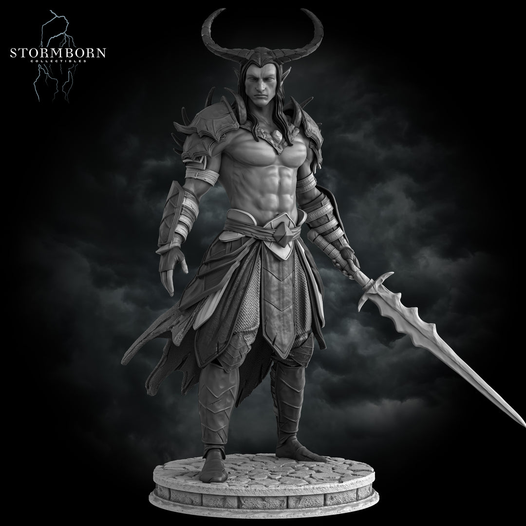 Samael, Tiefling Warrior unpainted resin warrior miniature by Stormborn Collectibles, 28-32mm DnD tabletop model.