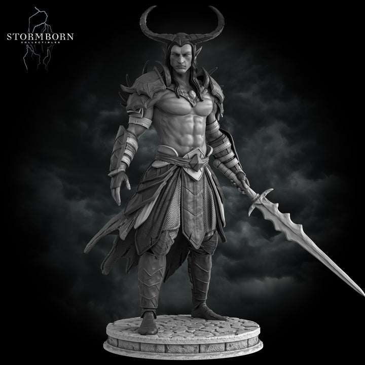 Samael, Tiefling Warrior unpainted resin warrior miniature by Stormborn Collectibles, 28-32mm DnD tabletop model.