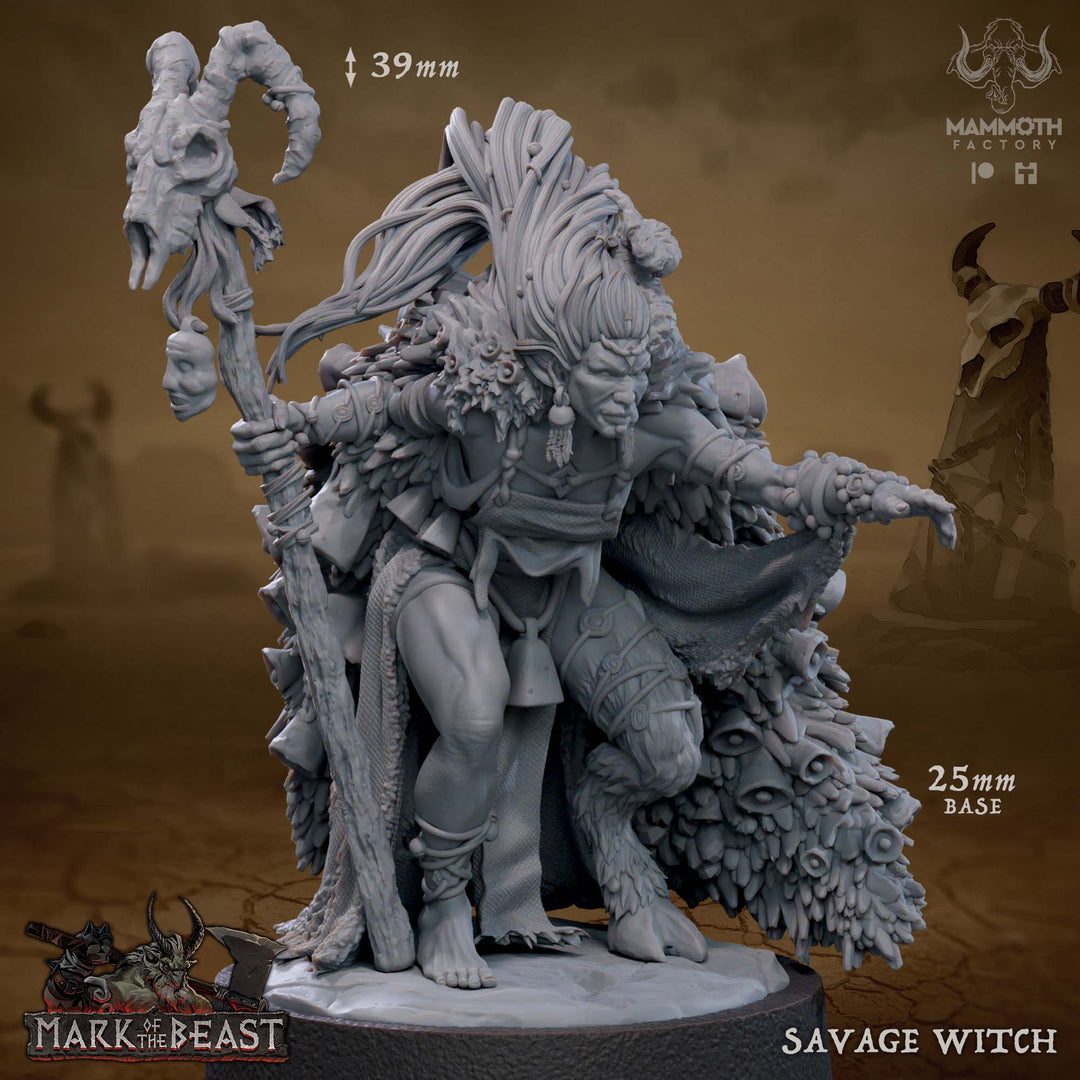 Savage Witch unpainted resin witch miniature by Mammoth Factory, 28-32mm DnD tabletop model.