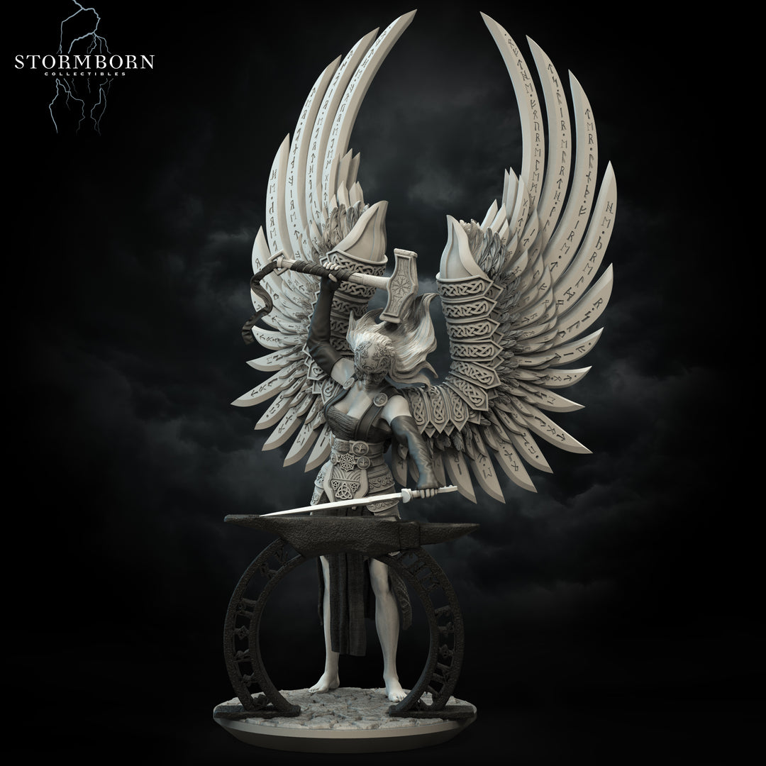 Sindra, Angel of the Forge unpainted resin angel miniature by Stormborn Collectibles, 28-32mm DnD tabletop model.