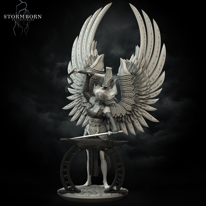 Sindra, Angel of the Forge unpainted resin angel miniature by Stormborn Collectibles, 28-32mm DnD tabletop model.