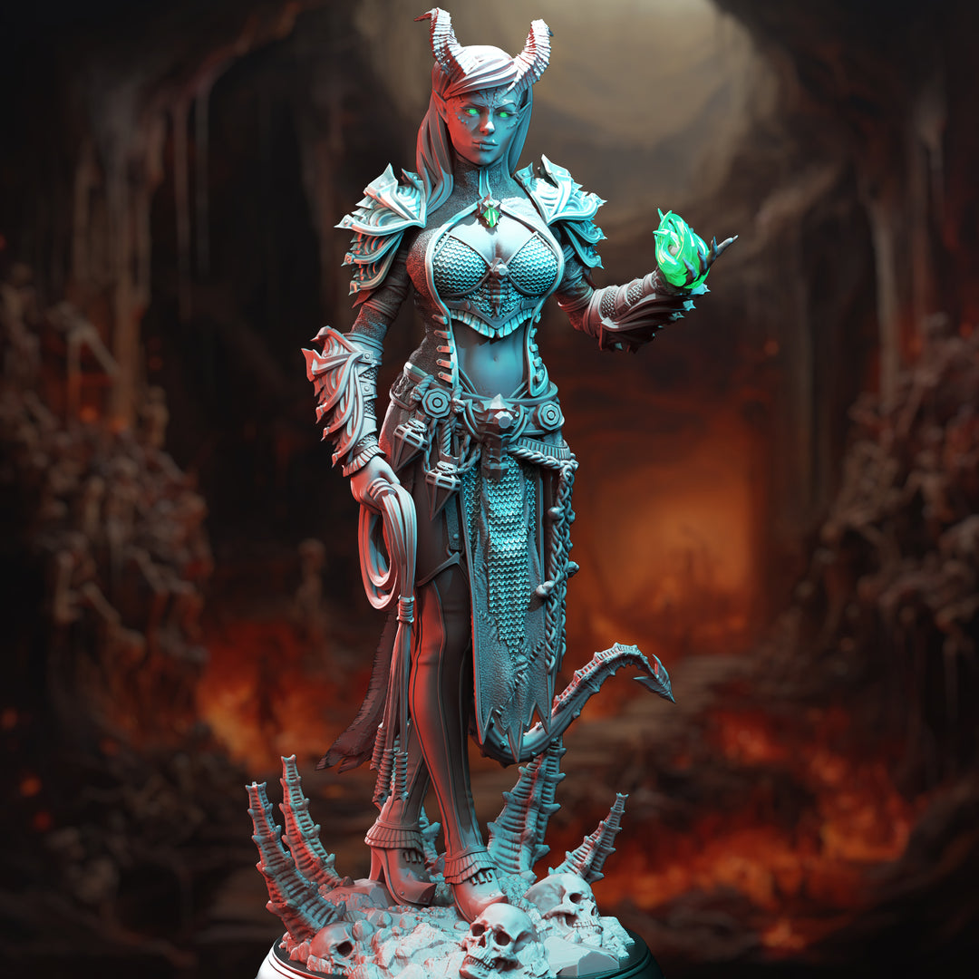 Tiefling Fiend Warlock - Skardi of the Third unpainted resin warlock miniature by DM Stash, 28-32mm DnD tabletop model.
