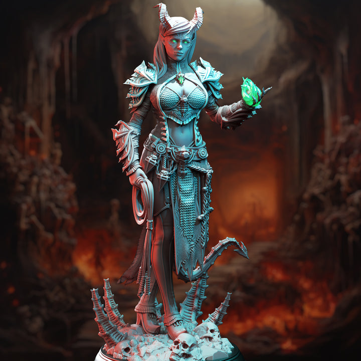 Tiefling Fiend Warlock - Skardi of the Third unpainted resin warlock miniature by DM Stash, 28-32mm DnD tabletop model.