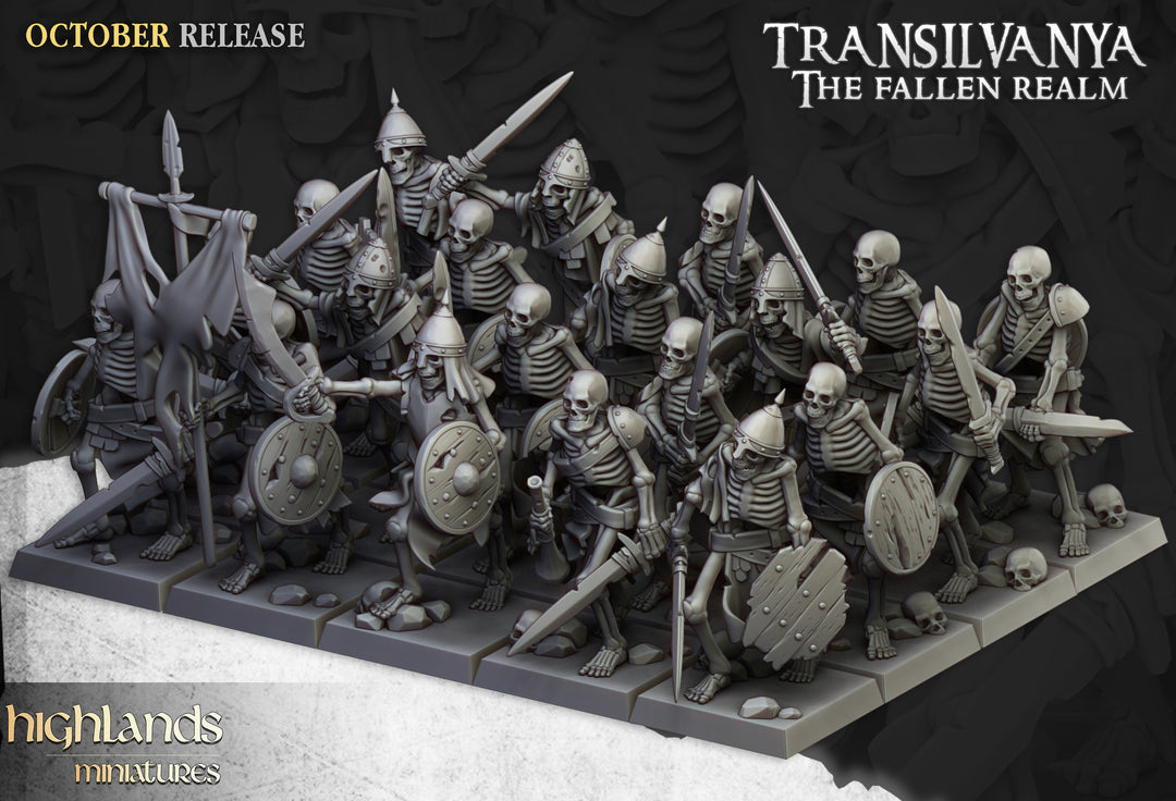 Skeleton Warriors unpainted resin undead miniature by Highlands Miniatures, 28-32mm DnD tabletop model.