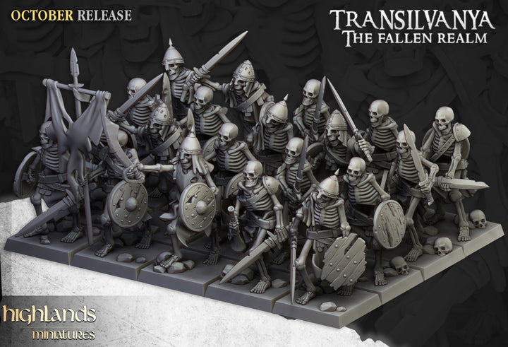 Skeleton Warriors unpainted resin undead miniature by Highlands Miniatures, 28-32mm DnD tabletop model.