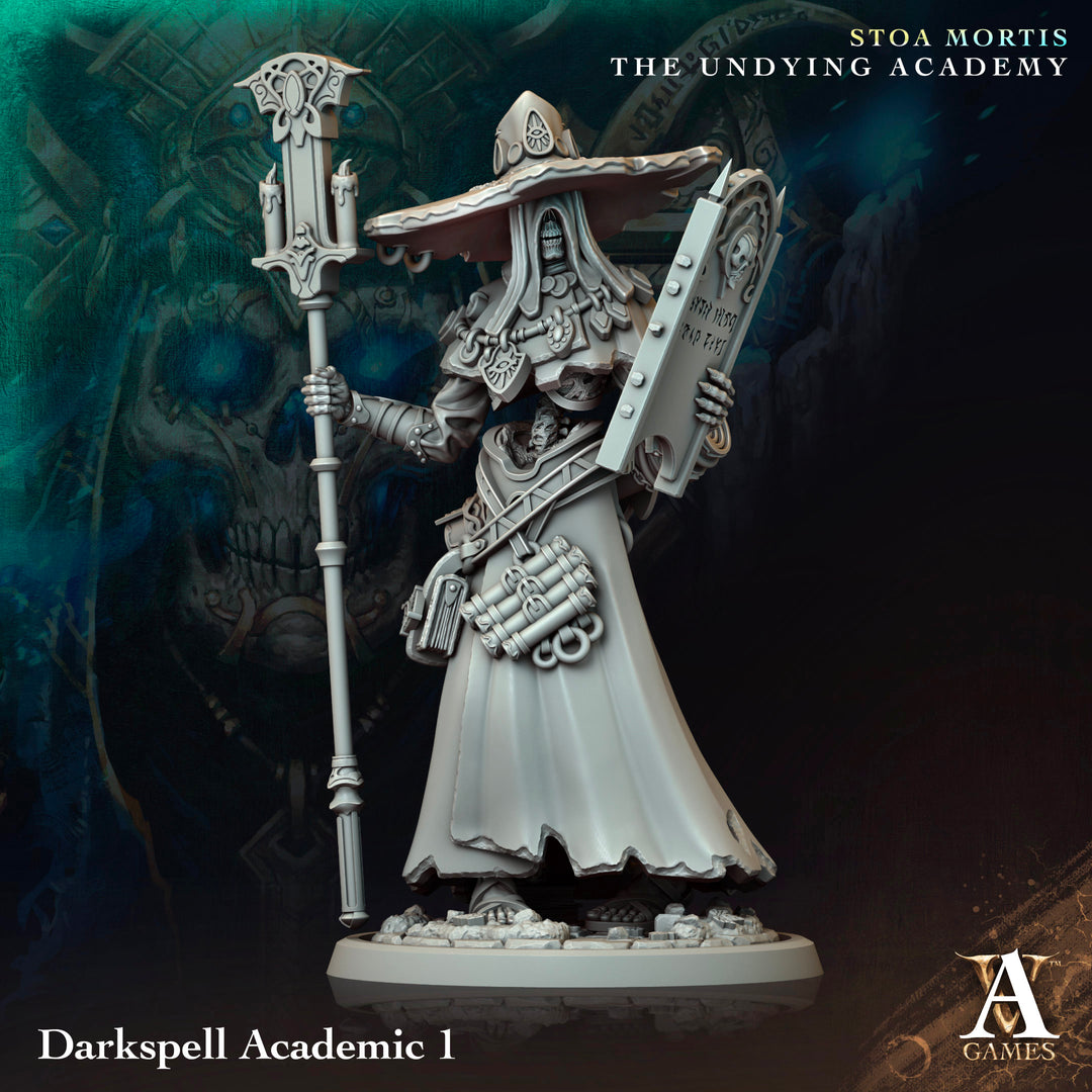 Darkspell Academic unpainted resin fantasy miniature by Archvillain Games, 28-32mm DnD tabletop model.