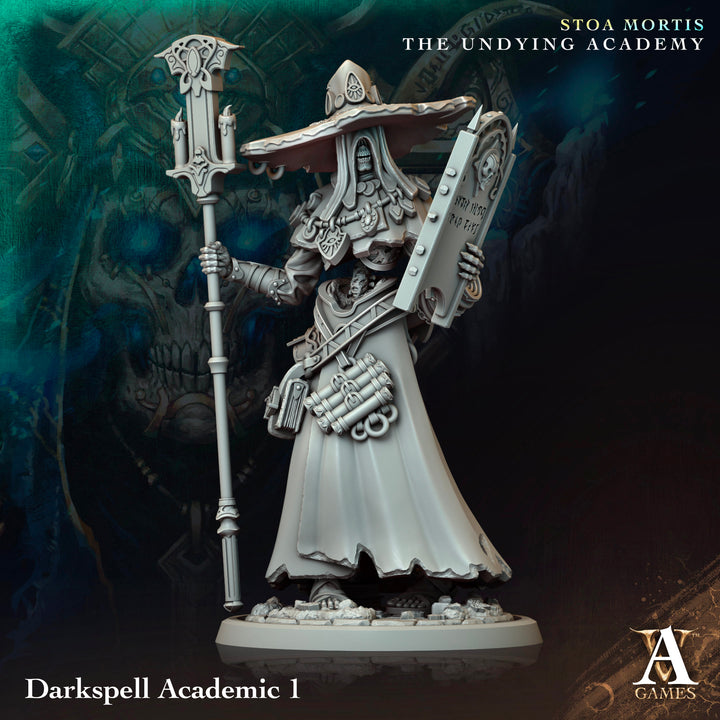 Darkspell Academic unpainted resin fantasy miniature by Archvillain Games, 28-32mm DnD tabletop model.