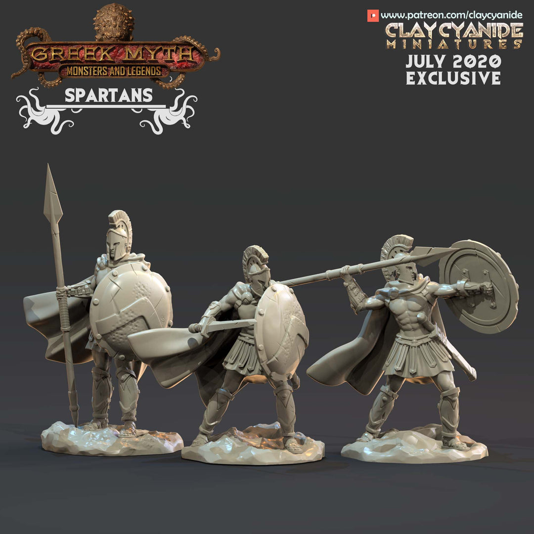 Spartan Soldiers unpainted resin character miniature by Clay Cyanide, 28-32mm DnD tabletop model.