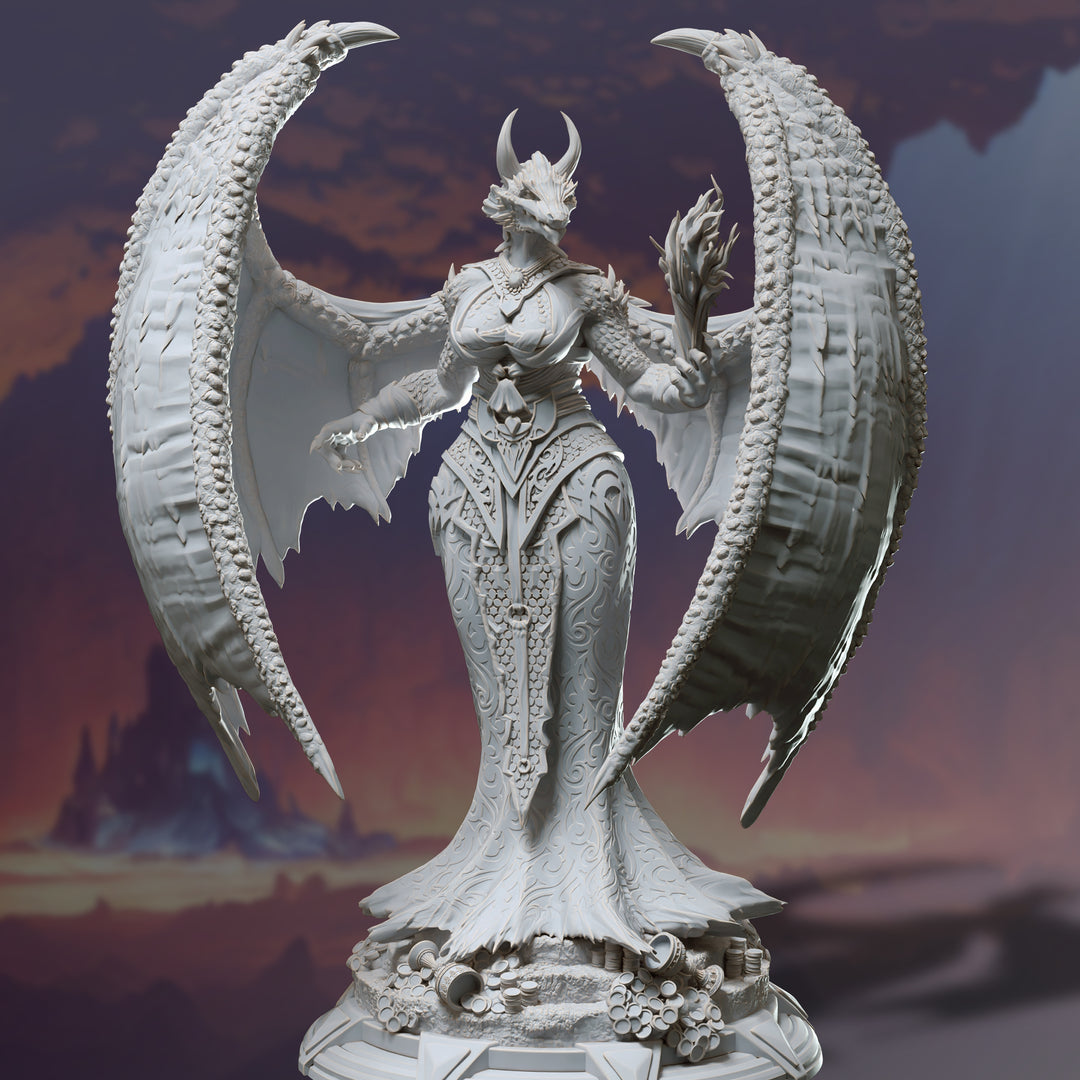 Dragon Warlock - Tharvaya unpainted resin dragonborn miniature by DM Stash, 28-32mm DnD tabletop model.