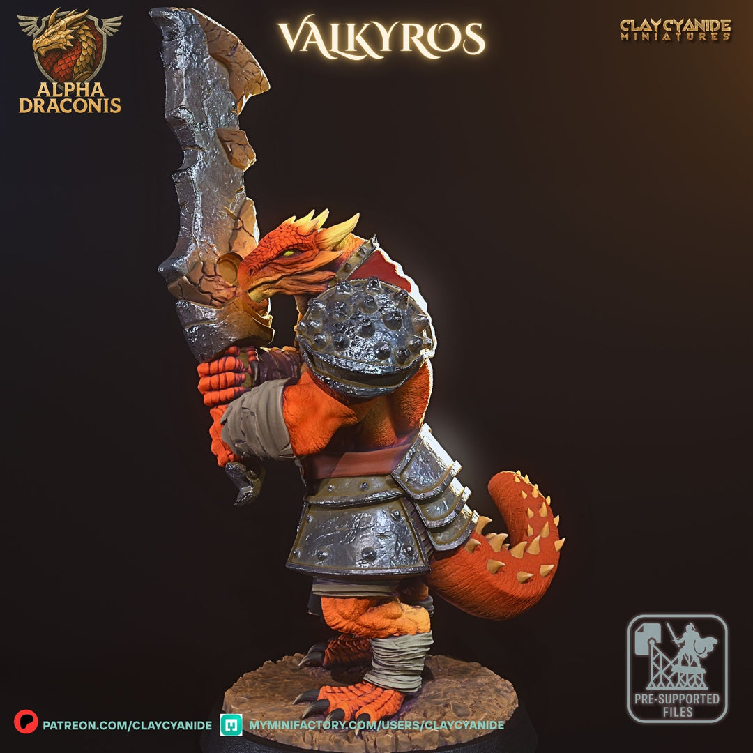 Valkyros - Draconic Fighter unpainted resin dragonborn miniature by Clay Cyanide, 28-32mm DnD tabletop model.