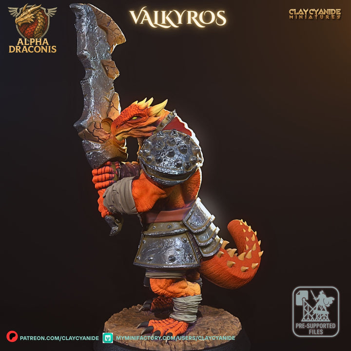 Valkyros - Draconic Fighter unpainted resin dragonborn miniature by Clay Cyanide, 28-32mm DnD tabletop model.