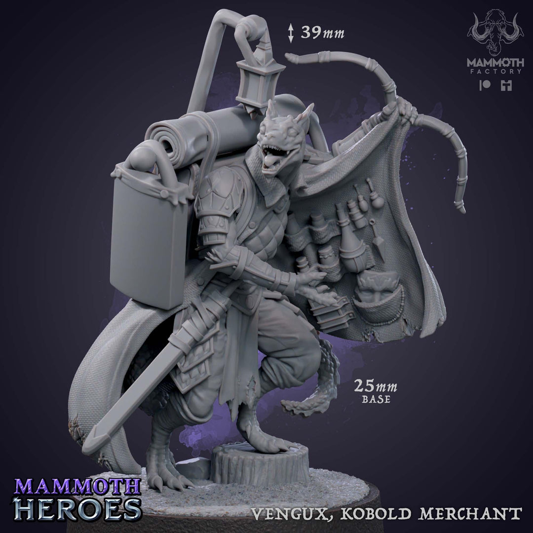 Vengux, Kobold Merchant unpainted resin character miniature by Mammoth Factory, 28-32mm DnD tabletop model.