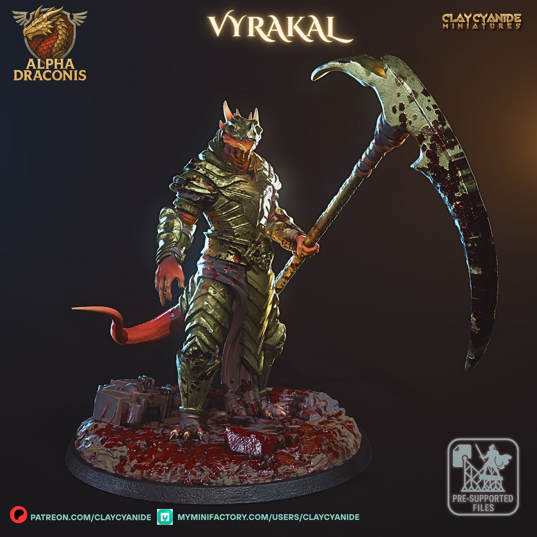 Vyrakal - Draconic Fighter unpainted resin dragonborn miniature by Clay Cyanide, 28-32mm DnD tabletop model.