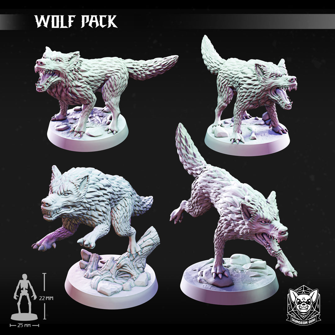 Wolf Pack unpainted resin fantasy miniature by Dungeon Dog, 28-32mm DnD tabletop model.